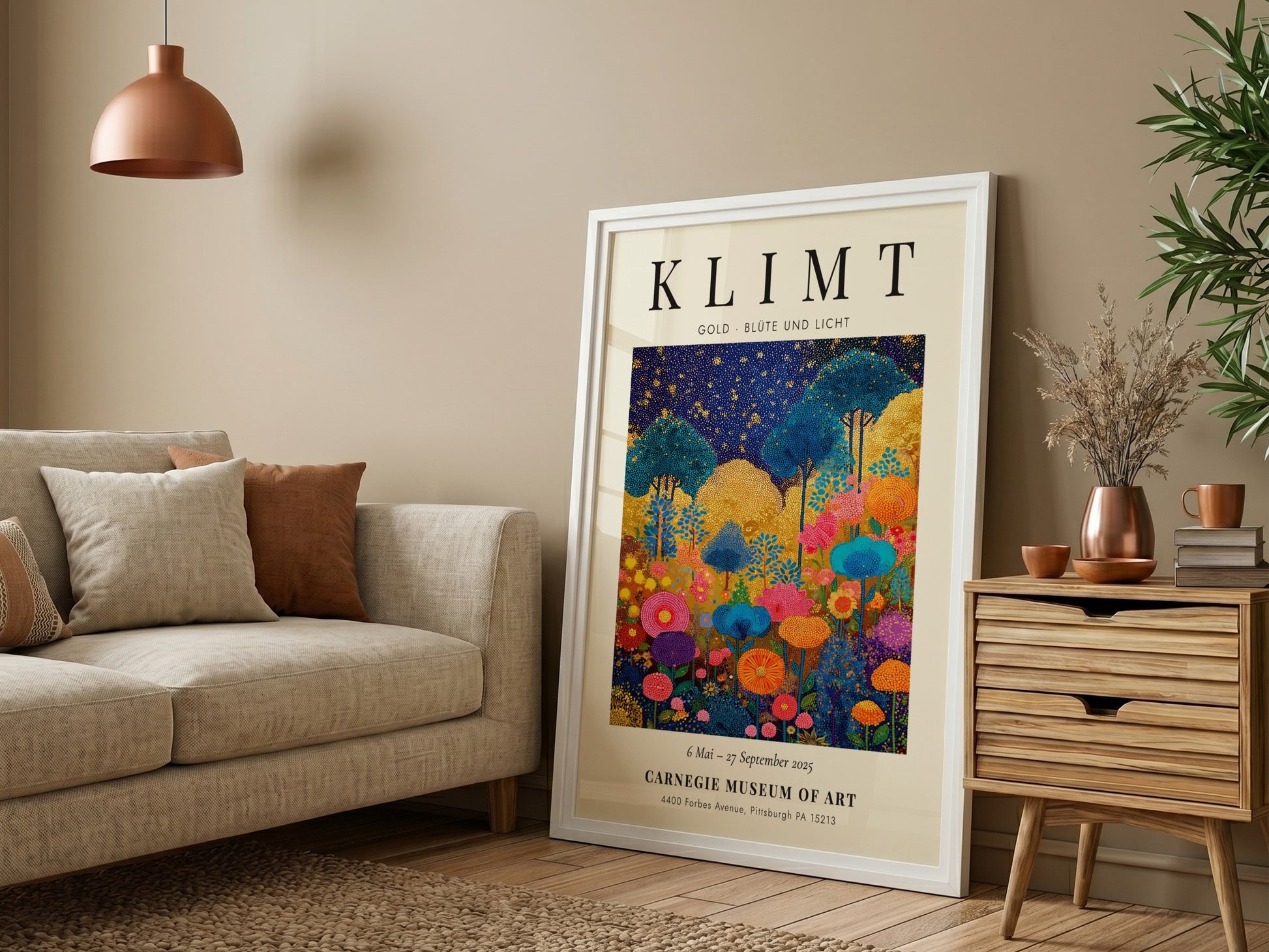 Gold Blüte und Licht poster featuring vibrant floral elements and gold tones, inspired by Gustav Klimt's