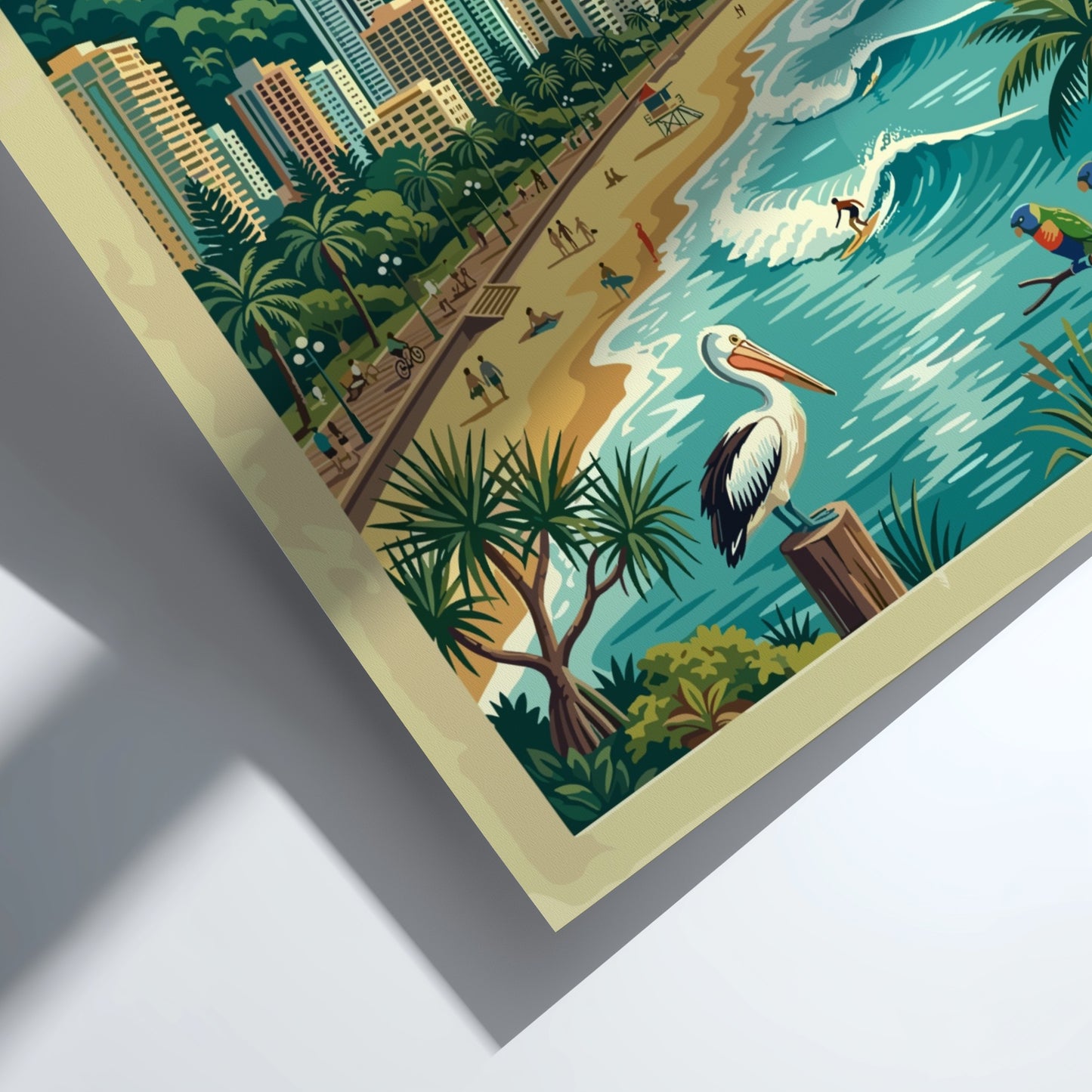 Travel poster of Gold Coast Queensland featuring high-rise buildings, sandy beach, pelican and parrots.