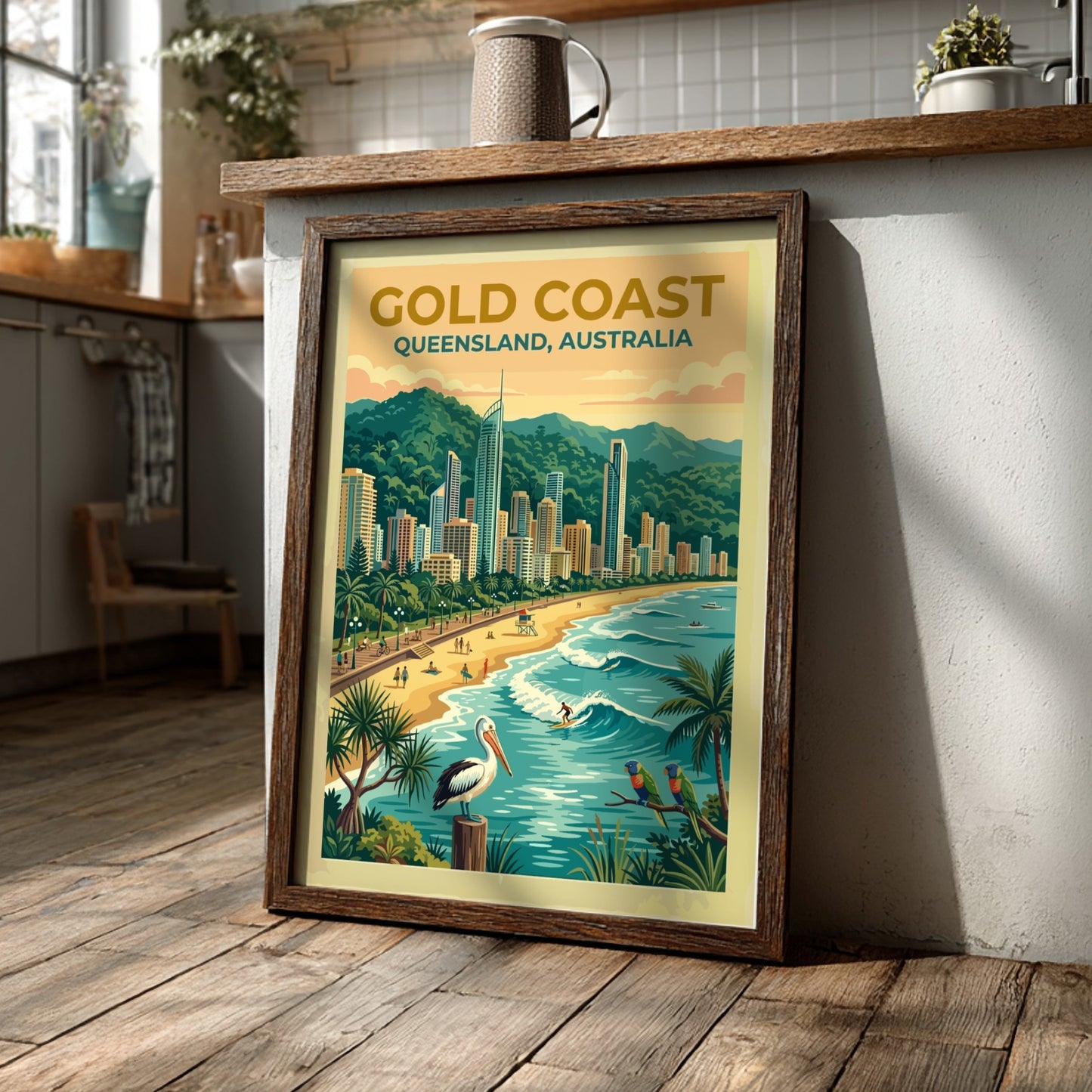 Travel poster of Gold Coast Queensland featuring high-rise buildings, sandy beach, pelican and parrots.