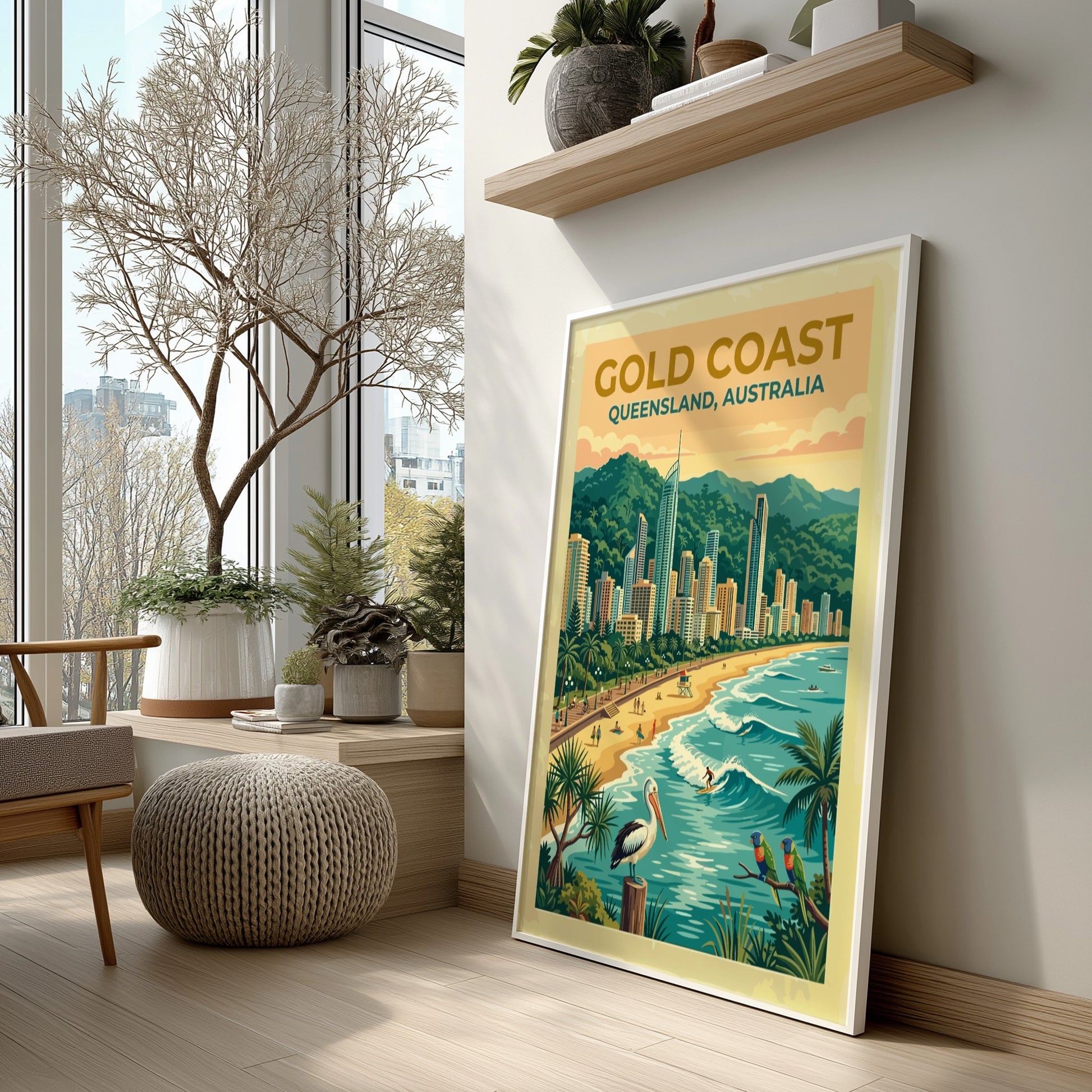 Travel poster of Gold Coast Queensland featuring high-rise buildings, sandy beach, pelican and parrots.