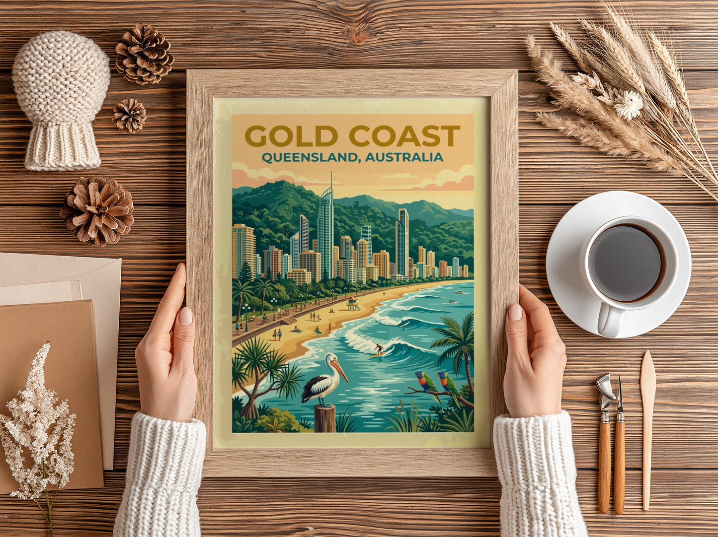 Travel poster of Gold Coast Queensland featuring high-rise buildings, sandy beach, pelican and parrots.