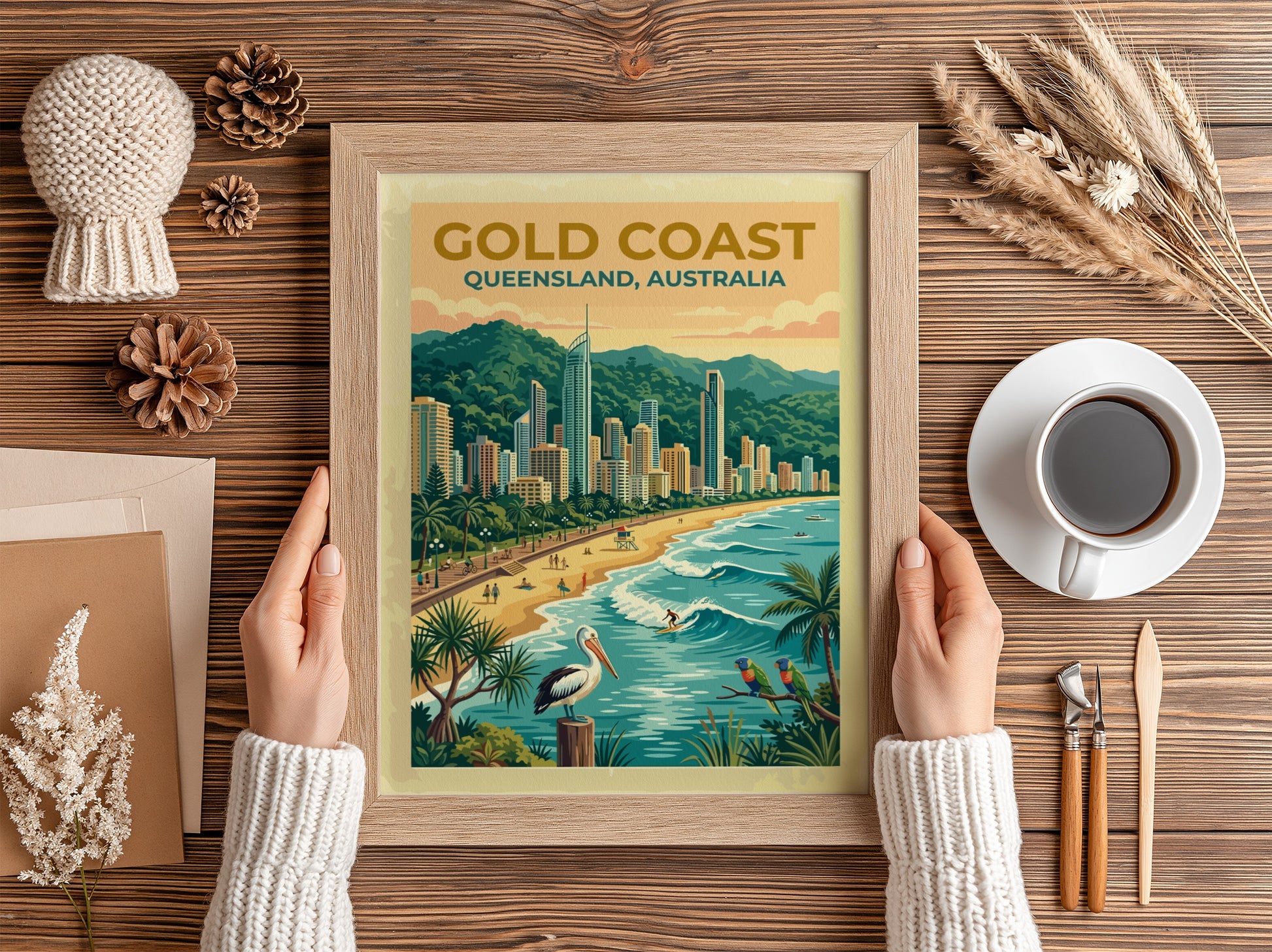 Travel poster of Gold Coast Queensland featuring high-rise buildings, sandy beach, pelican and parrots.