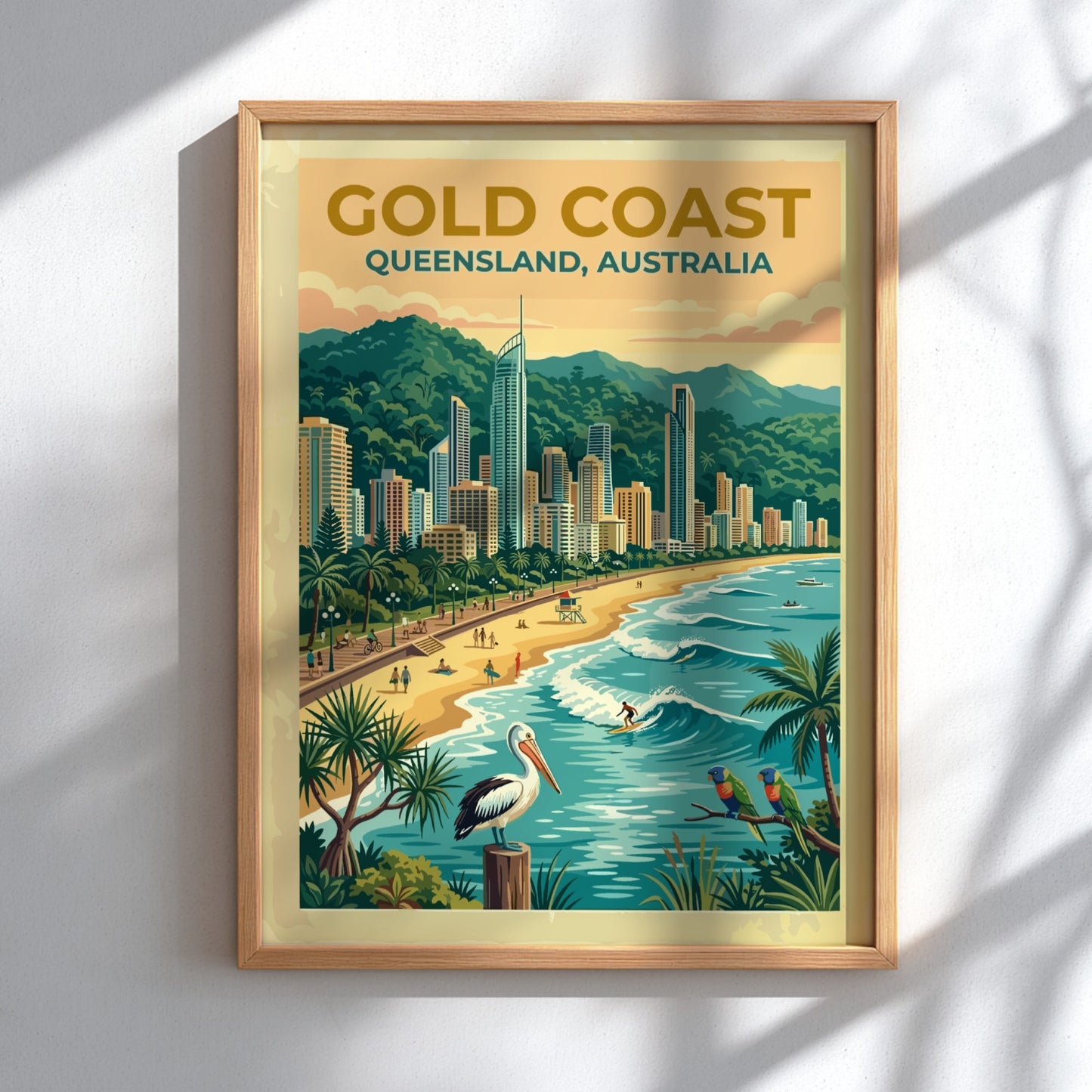 Travel poster of Gold Coast Queensland featuring high-rise buildings, sandy beach, pelican and parrots.