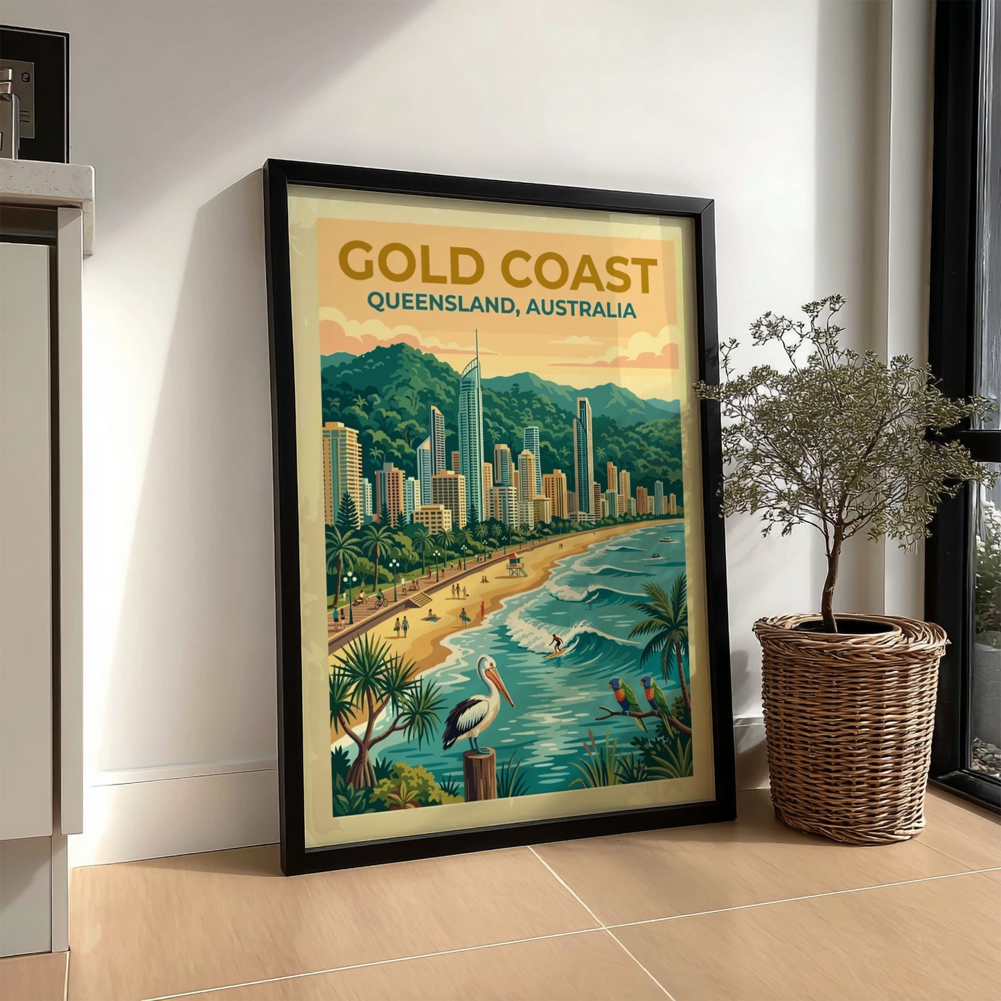 Travel poster of Gold Coast Queensland featuring high-rise buildings, sandy beach, pelican and parrots.