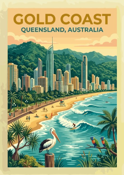 Travel poster of Gold Coast Queensland featuring high-rise buildings, sandy beach, pelican and parrots.