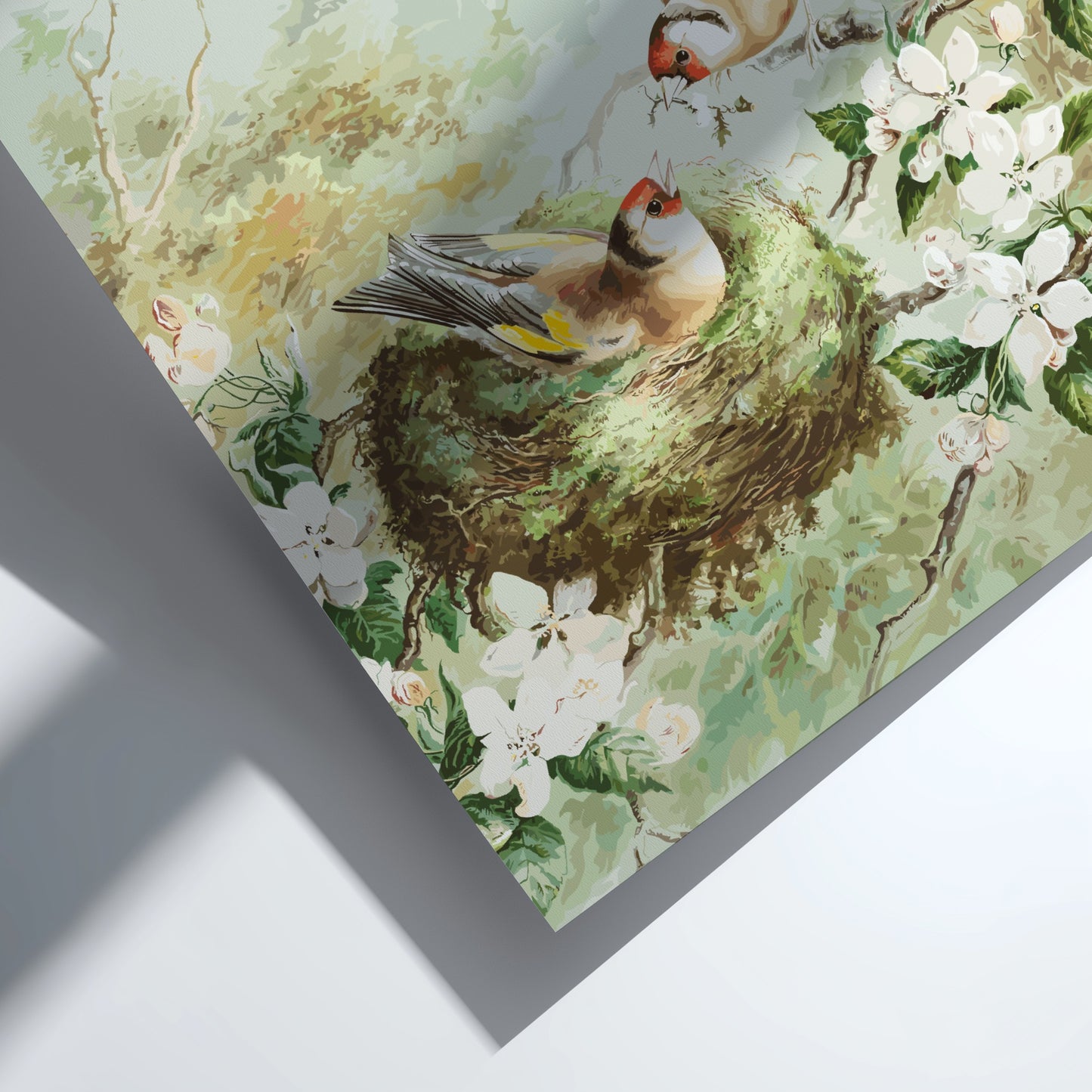 Vintage poster of Gold Finches in an apple tree nest, featuring soft greens, browns, and white blossoms.