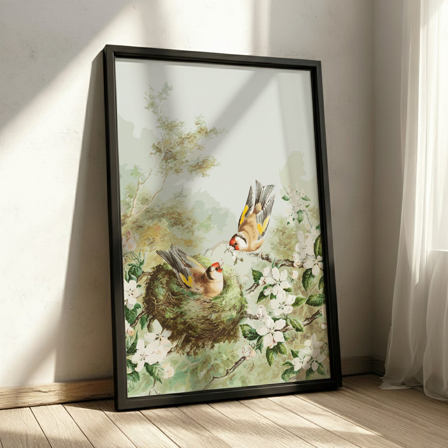 Vintage poster of Gold Finches in an apple tree nest, featuring soft greens, browns, and white blossoms.