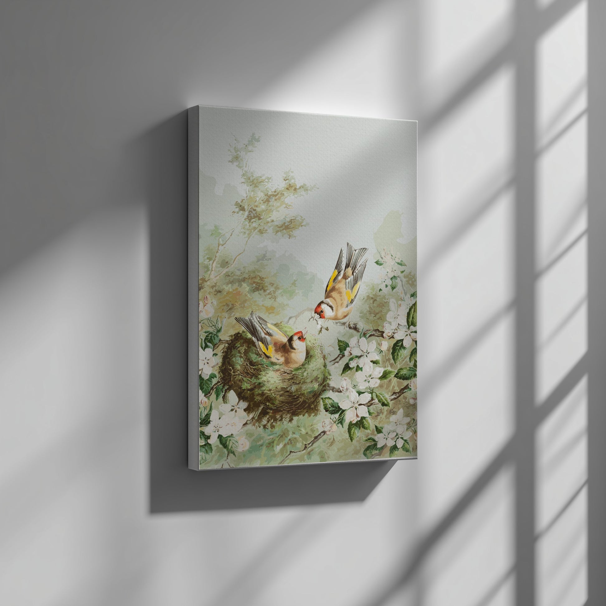Vintage poster of Gold Finches in an apple tree nest, featuring soft greens, browns, and white blossoms.