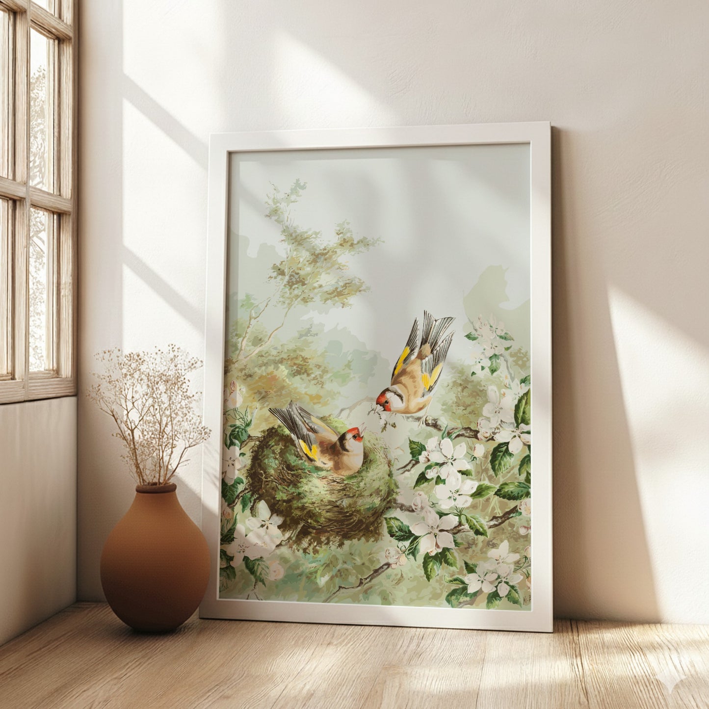 Vintage poster of Gold Finches in an apple tree nest, featuring soft greens, browns, and white blossoms.