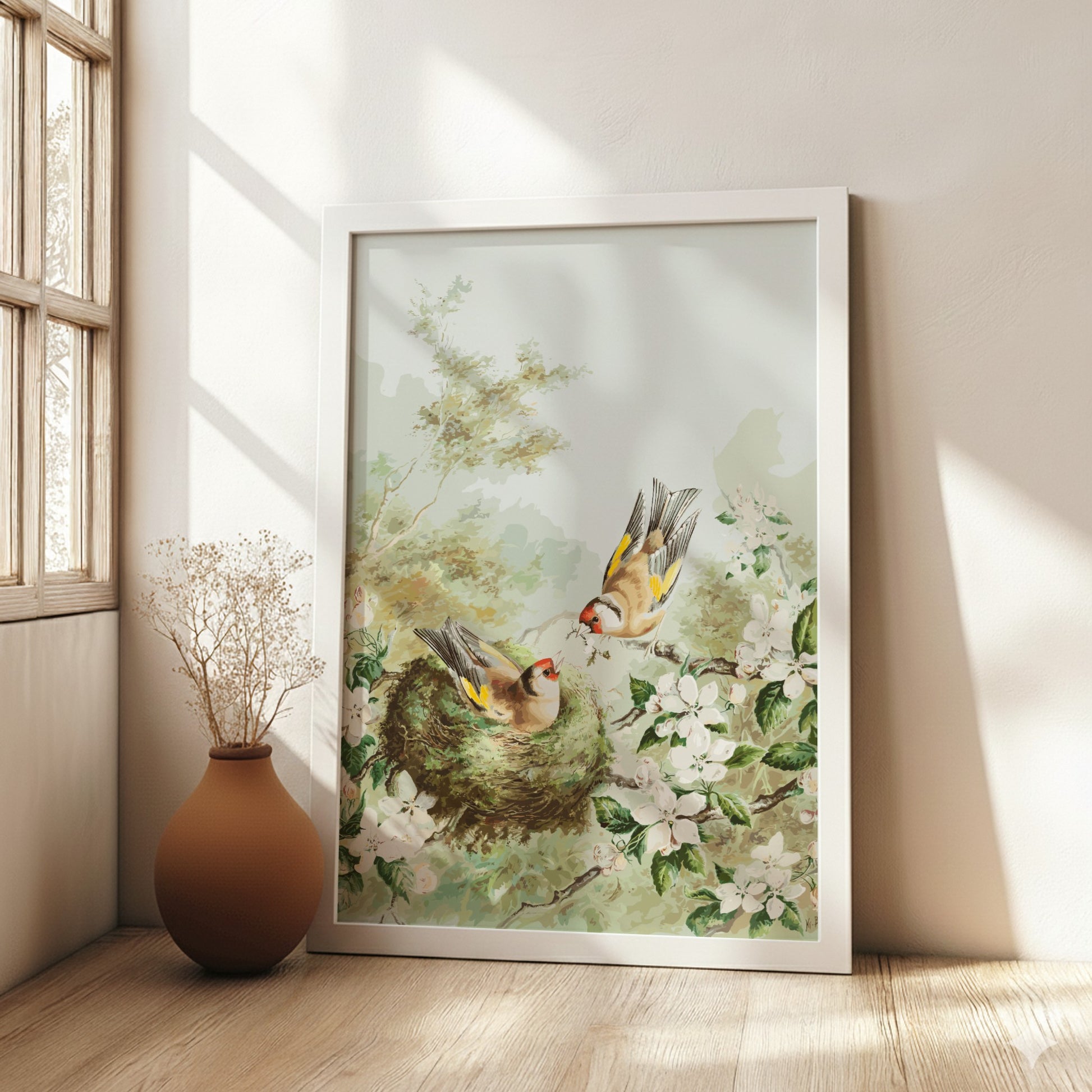 Vintage poster of Gold Finches in an apple tree nest, featuring soft greens, browns, and white blossoms.