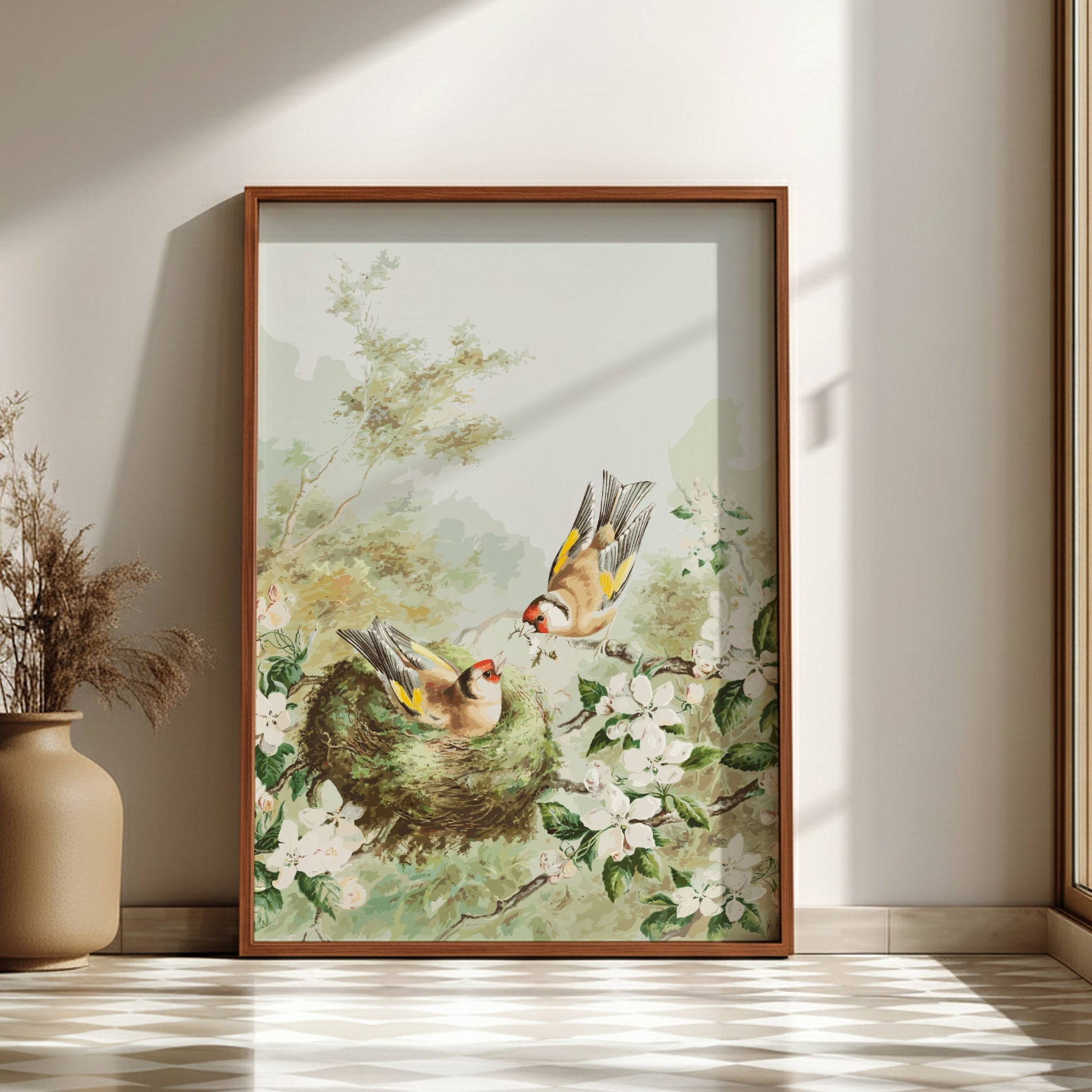 Vintage poster of Gold Finches in an apple tree nest, featuring soft greens, browns, and white blossoms.