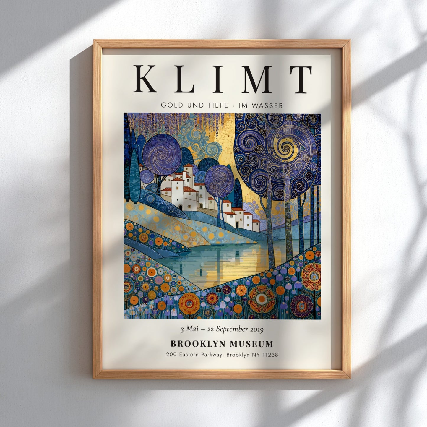 Poster inspired by Gustav Klimt featuring swirling trees and shimmering waters in gold and blue tones.