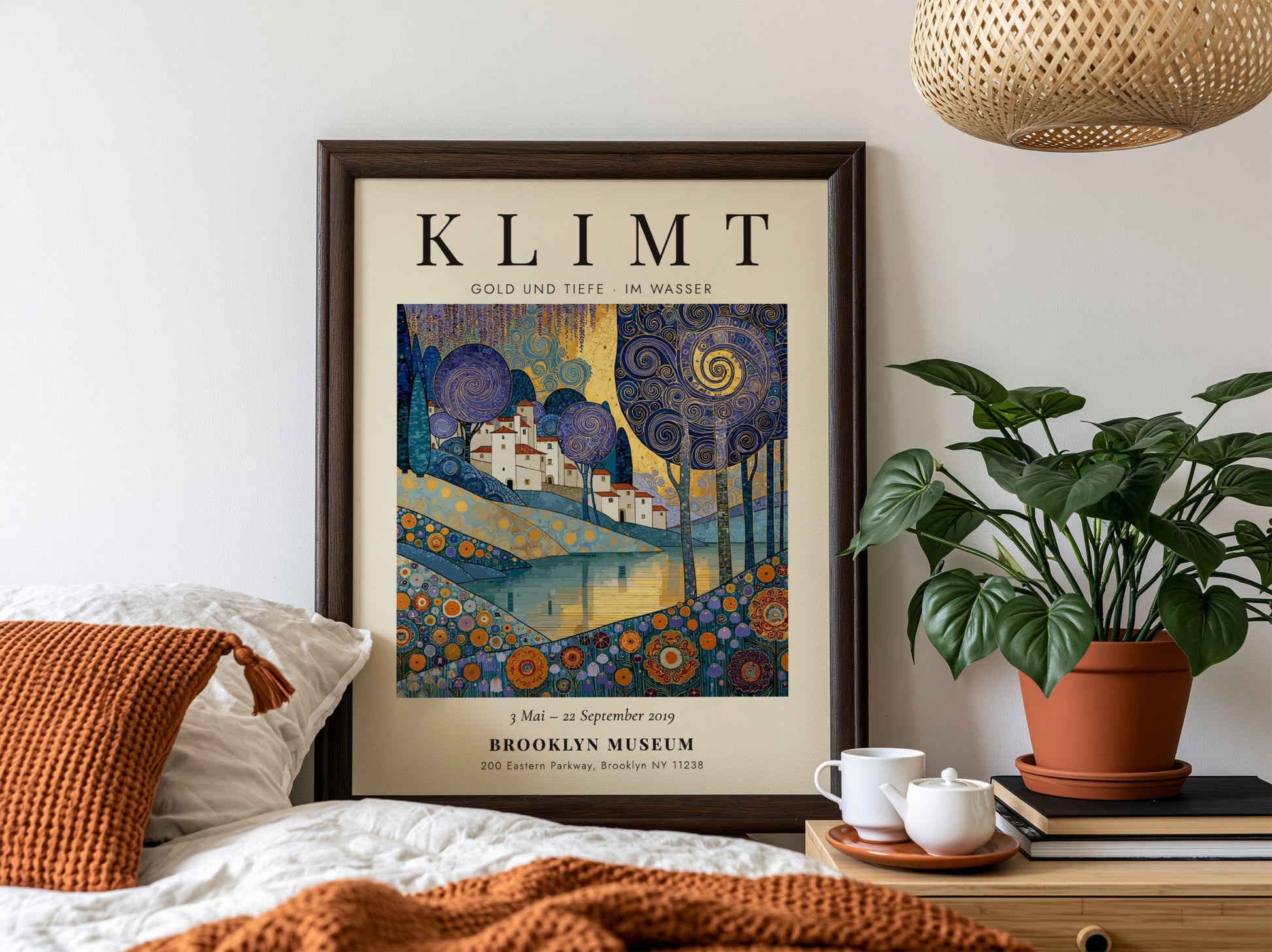 Poster inspired by Gustav Klimt featuring swirling trees and shimmering waters in gold and blue tones.