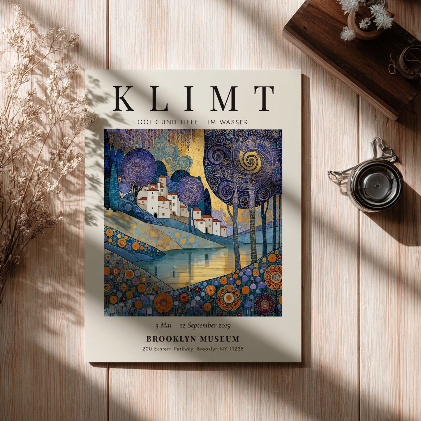 Poster inspired by Gustav Klimt featuring swirling trees and shimmering waters in gold and blue tones.