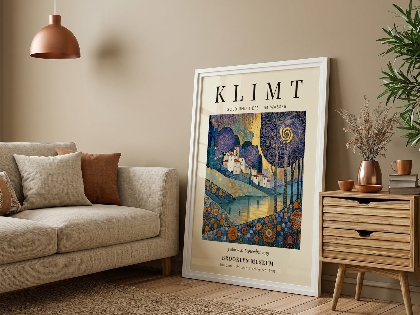 Poster inspired by Gustav Klimt featuring swirling trees and shimmering waters in gold and blue tones.