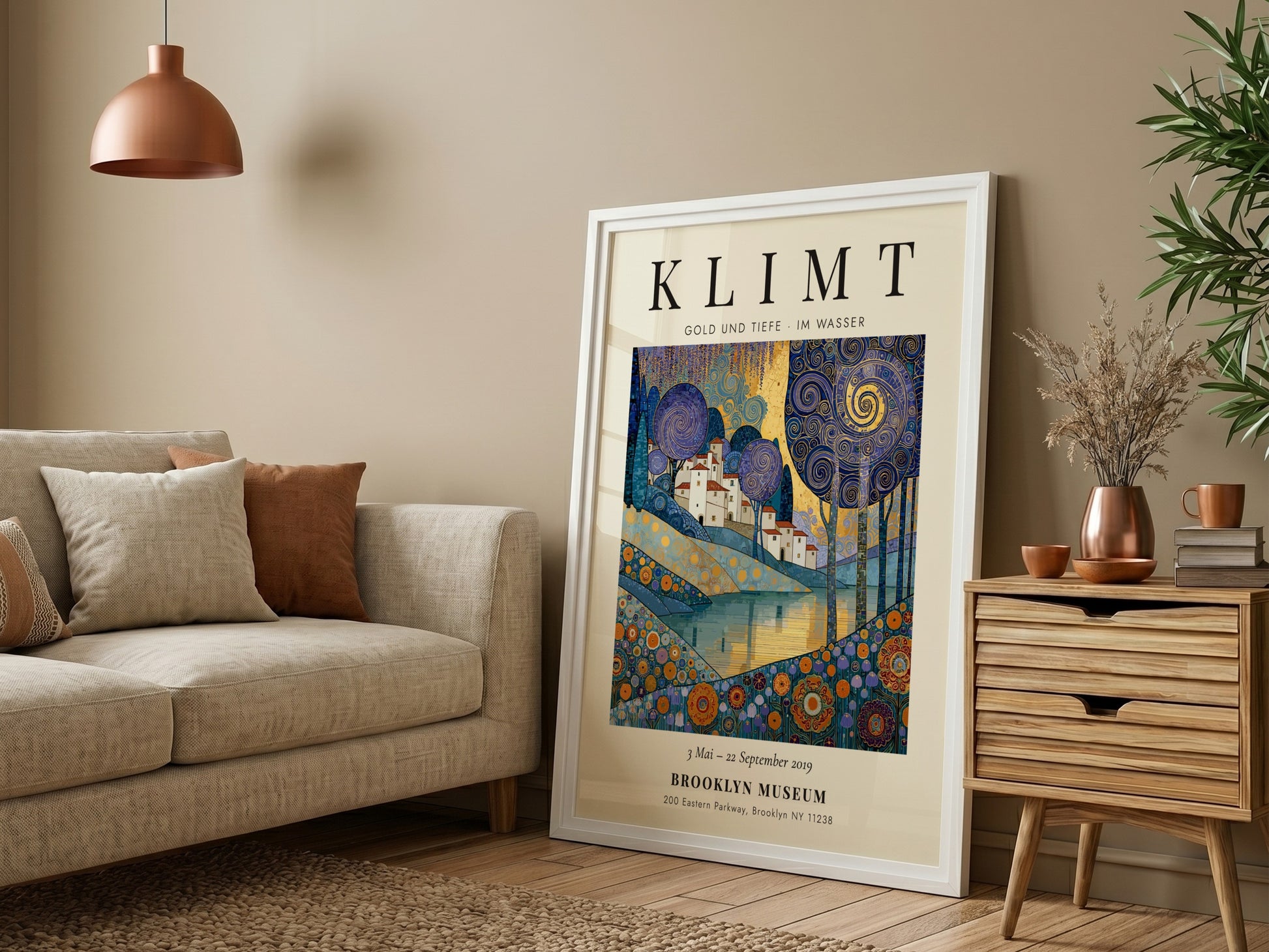 Poster inspired by Gustav Klimt featuring swirling trees and shimmering waters in gold and blue tones.