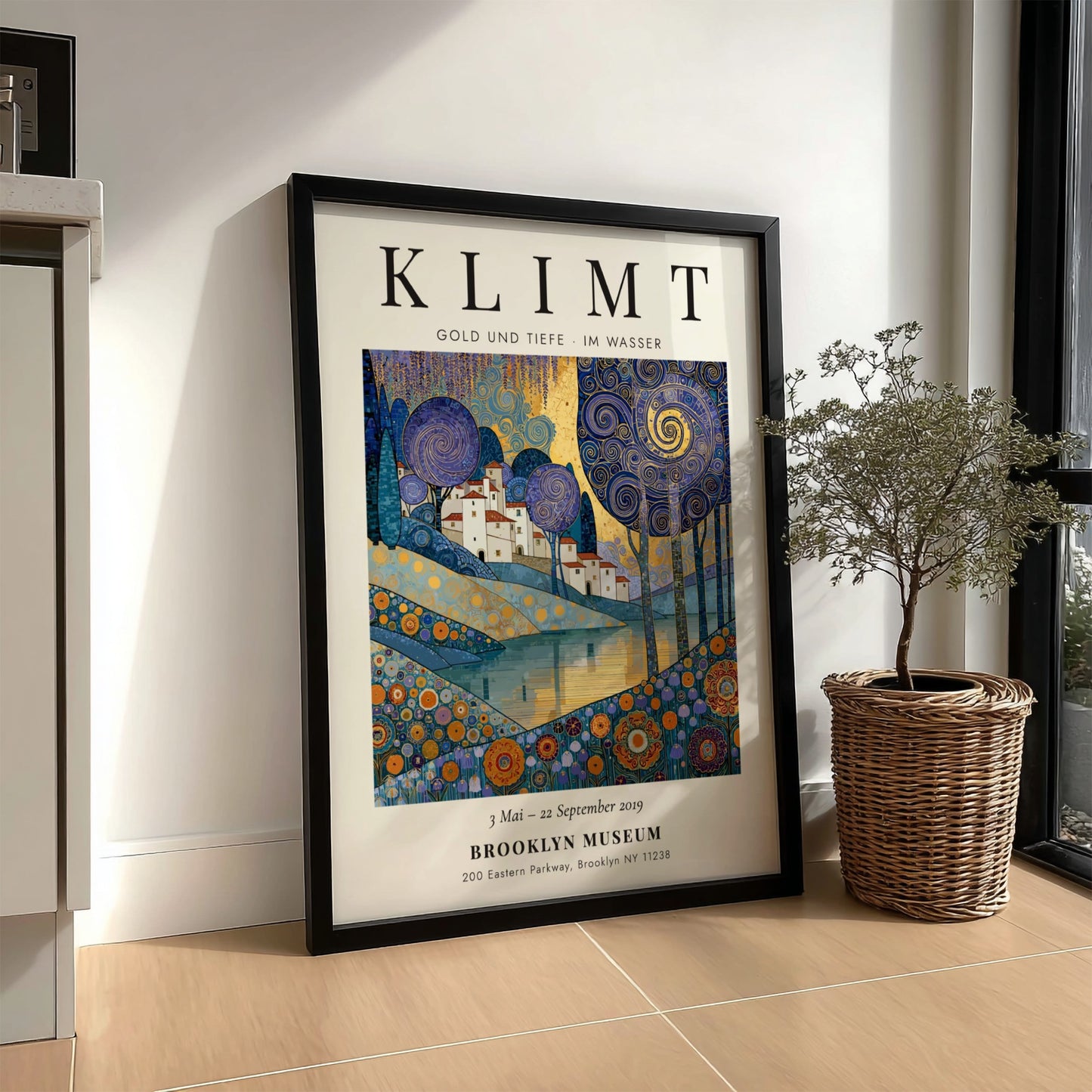 Poster inspired by Gustav Klimt featuring swirling trees and shimmering waters in gold and blue tones.