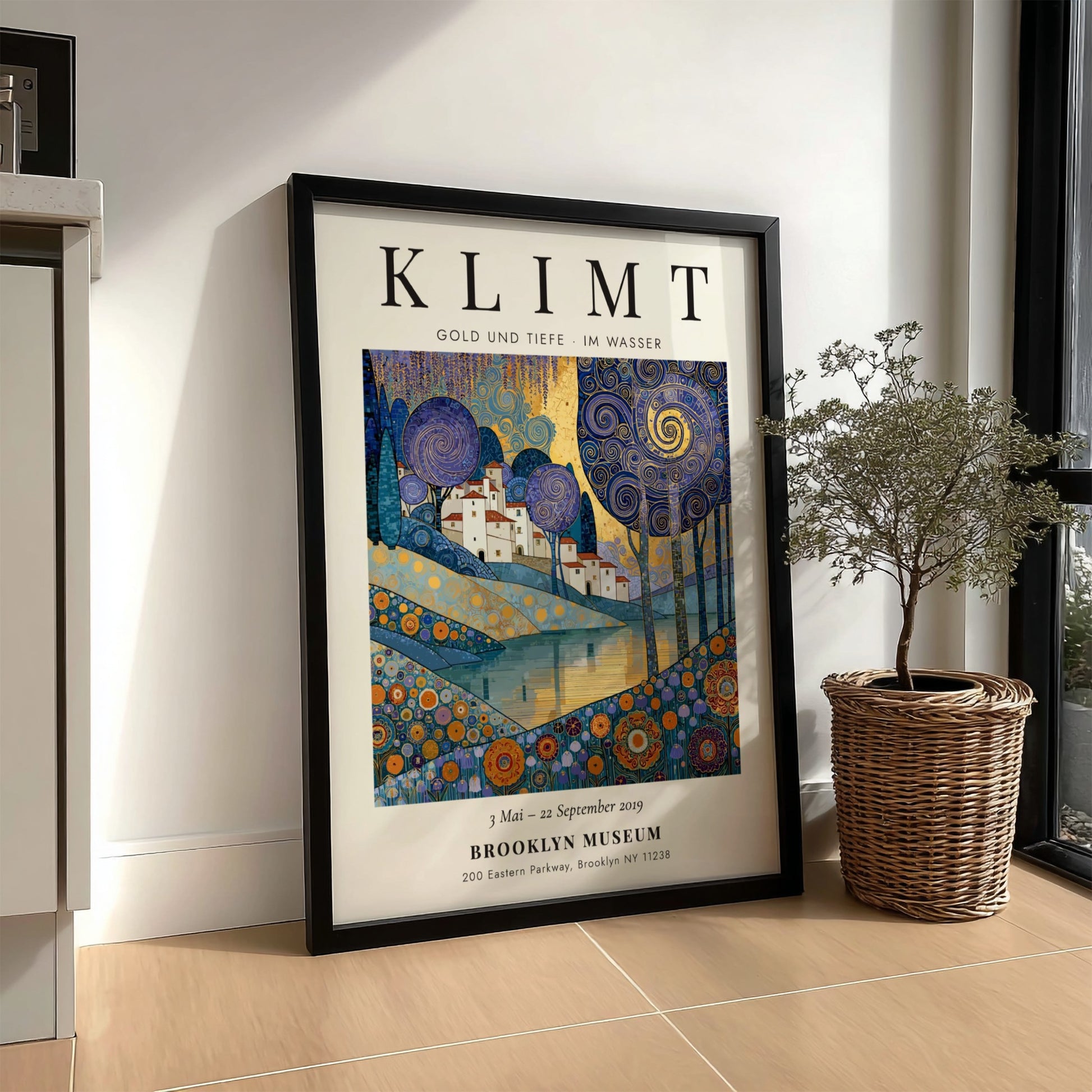 Poster inspired by Gustav Klimt featuring swirling trees and shimmering waters in gold and blue tones.