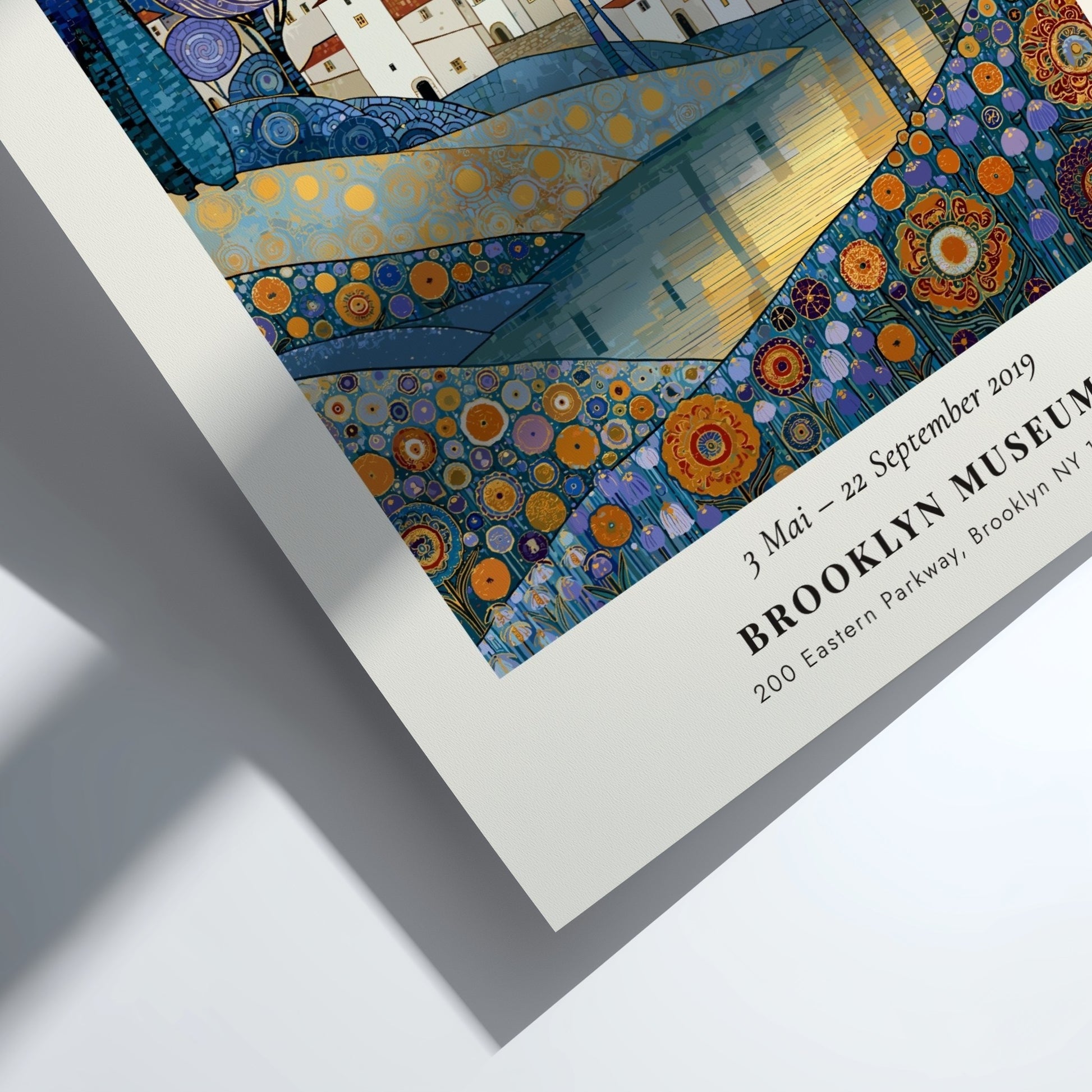 Poster inspired by Gustav Klimt featuring swirling trees and shimmering waters in gold and blue tones.