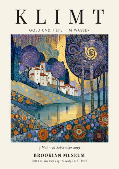 Poster inspired by Gustav Klimt featuring swirling trees and shimmering waters in gold and blue tones.