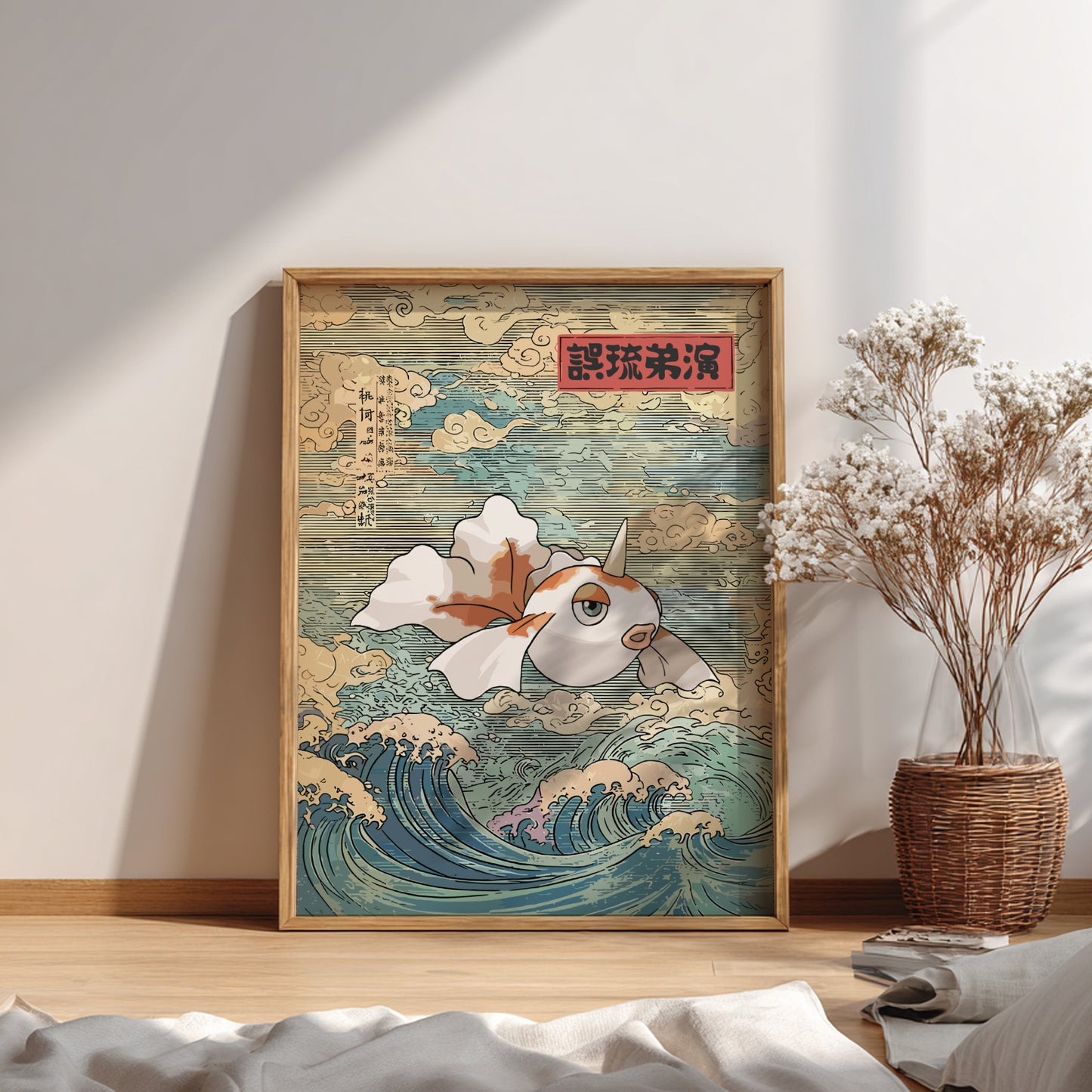 Framed artwork of Goldeen Pokemon in waves on a wall with a vase of dried flowers.