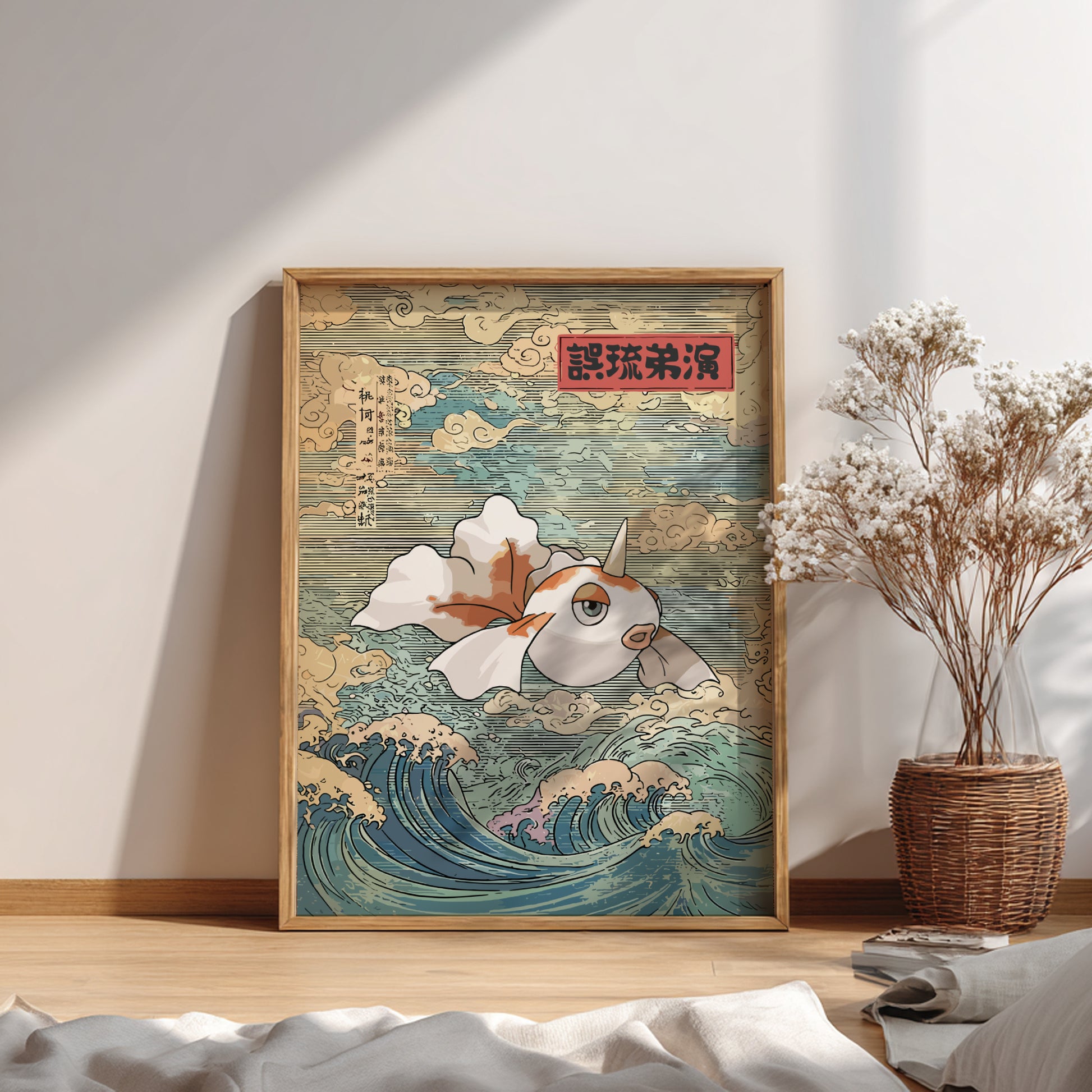 Framed artwork of Goldeen Pokemon in waves on a wall with a vase of dried flowers.