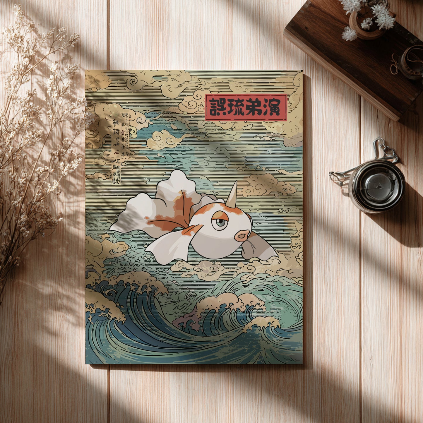 Decorative poster with Goldeen Pokemon illustration on a wooden surface