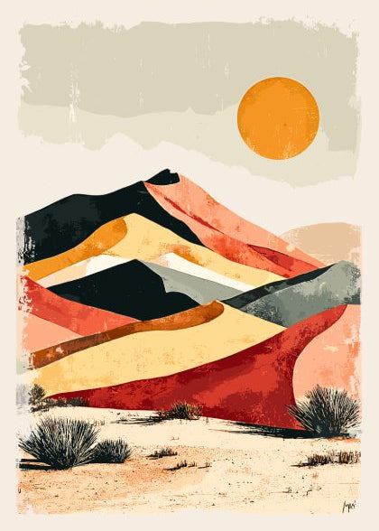 Abstract desert landscape with colorful mountains and a sun in the sky.