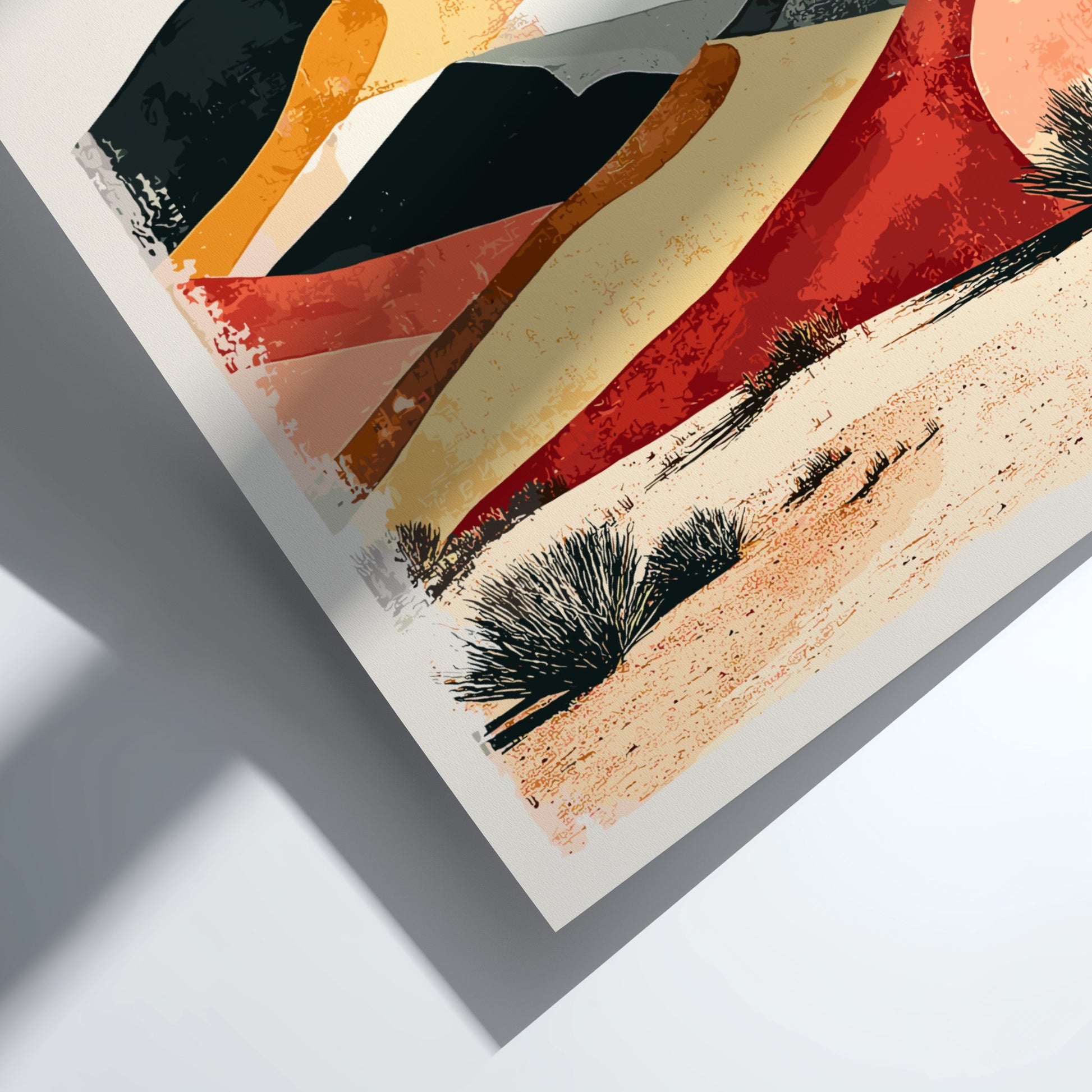 Abstract art print with geometric shapes and desert landscape on a white background