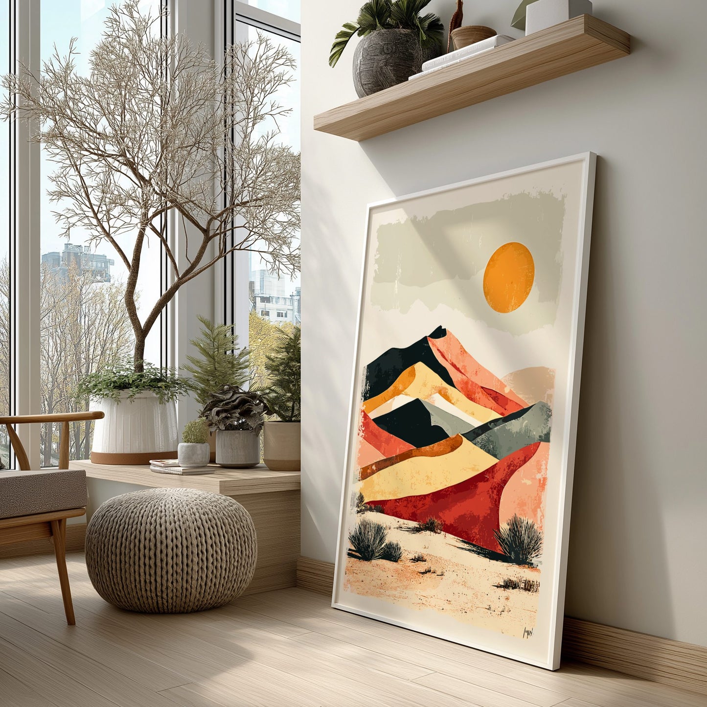 Modern interior with a colorful abstract painting of mountains on a wall.