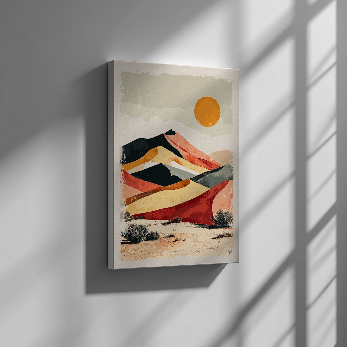 Abstract landscape painting with colorful mountains and a sun on a white wall.