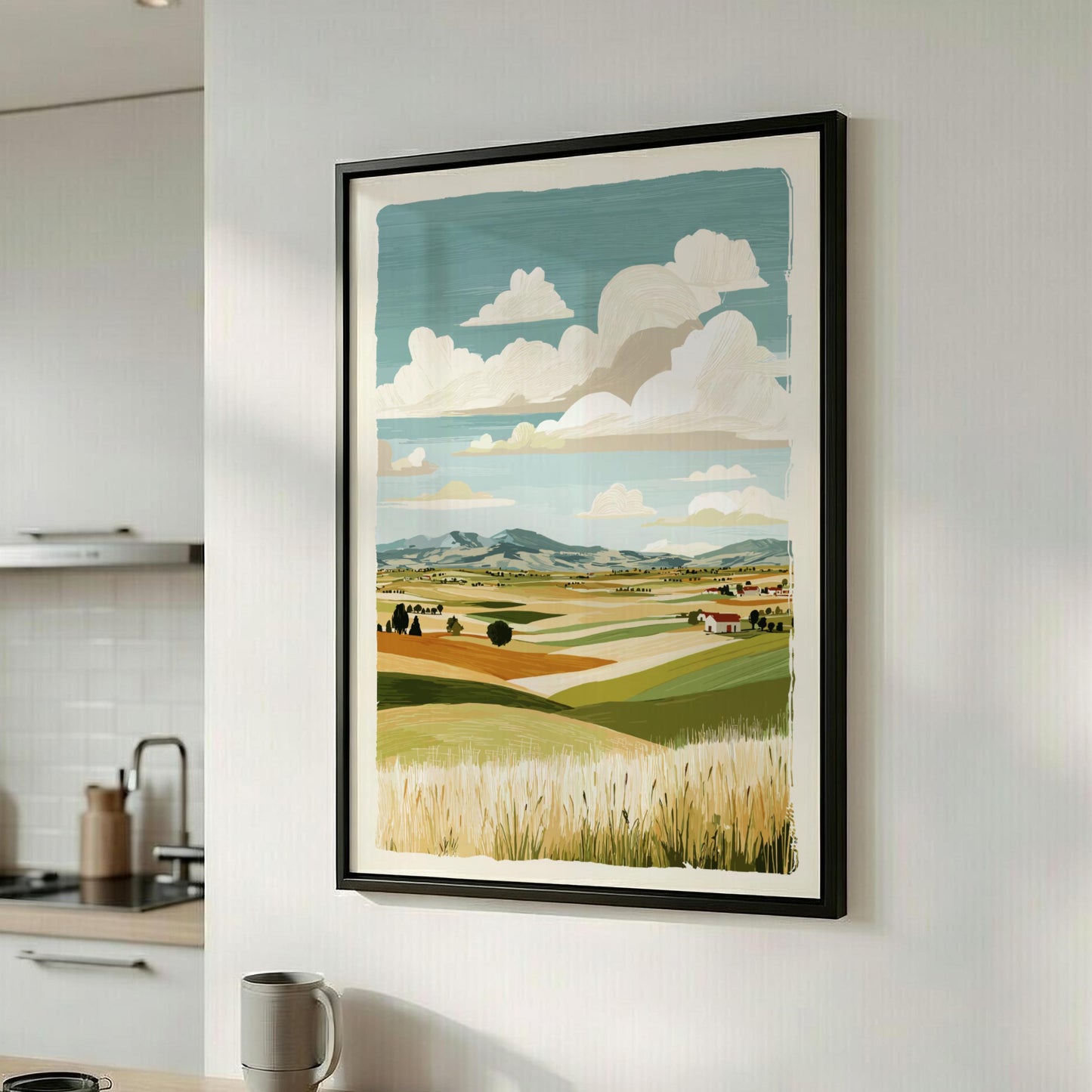 Framed landscape painting on a wall in a kitchen