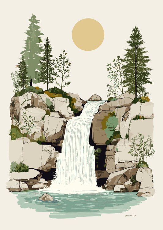 Illustration of a waterfall surrounded by rocks and trees with a sun in the background.