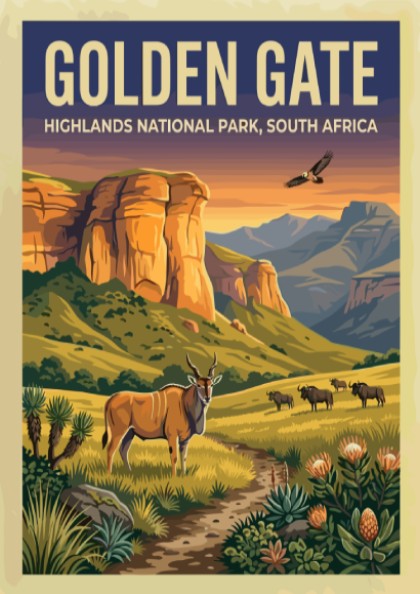 Golden Gate poster featuring vibrant landscape art with cliffs and wildlife in warm colors