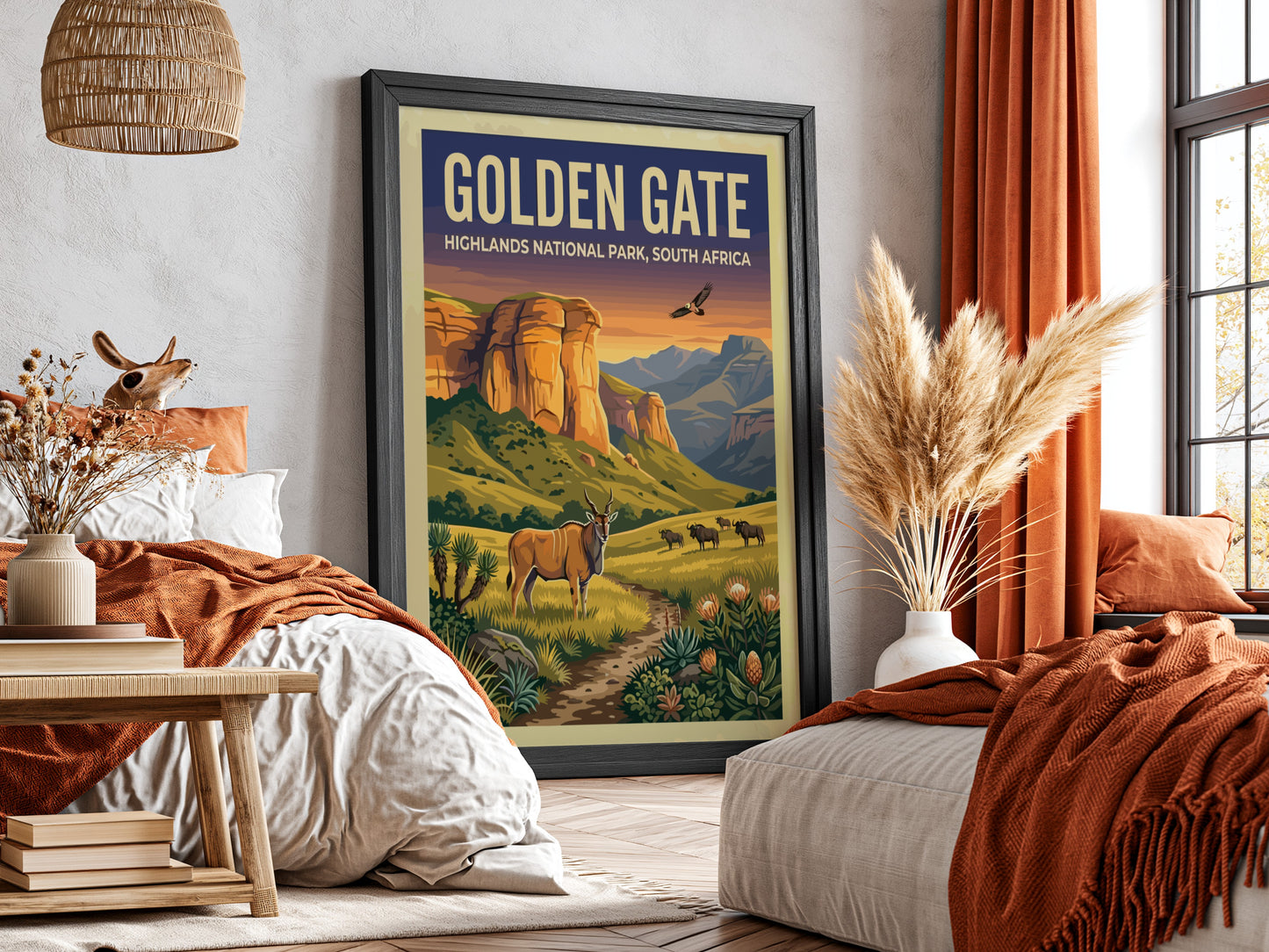 Golden Gate poster featuring vibrant landscape art with cliffs and wildlife in warm colors