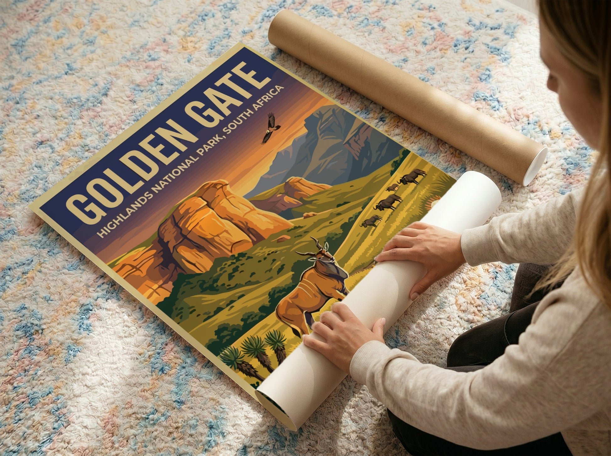 Golden Gate poster featuring vibrant landscape art with cliffs and wildlife in warm colors