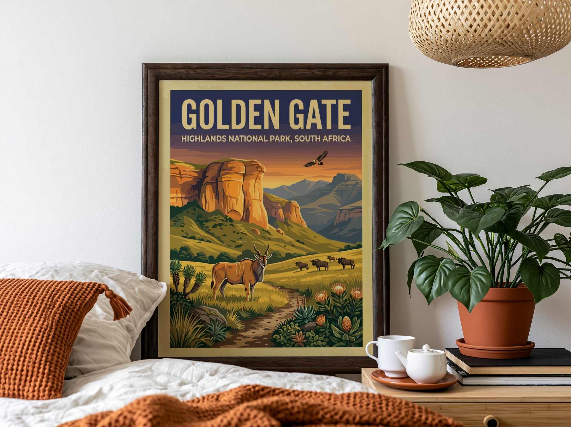 Golden Gate poster featuring vibrant landscape art with cliffs and wildlife in warm colors