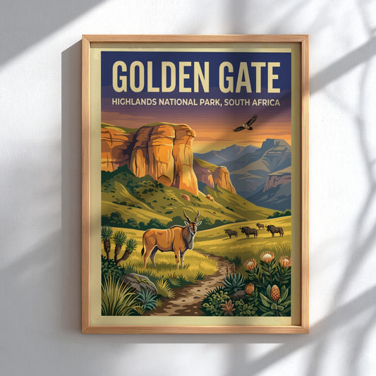 Golden Gate poster featuring vibrant landscape art with cliffs and wildlife in warm colors