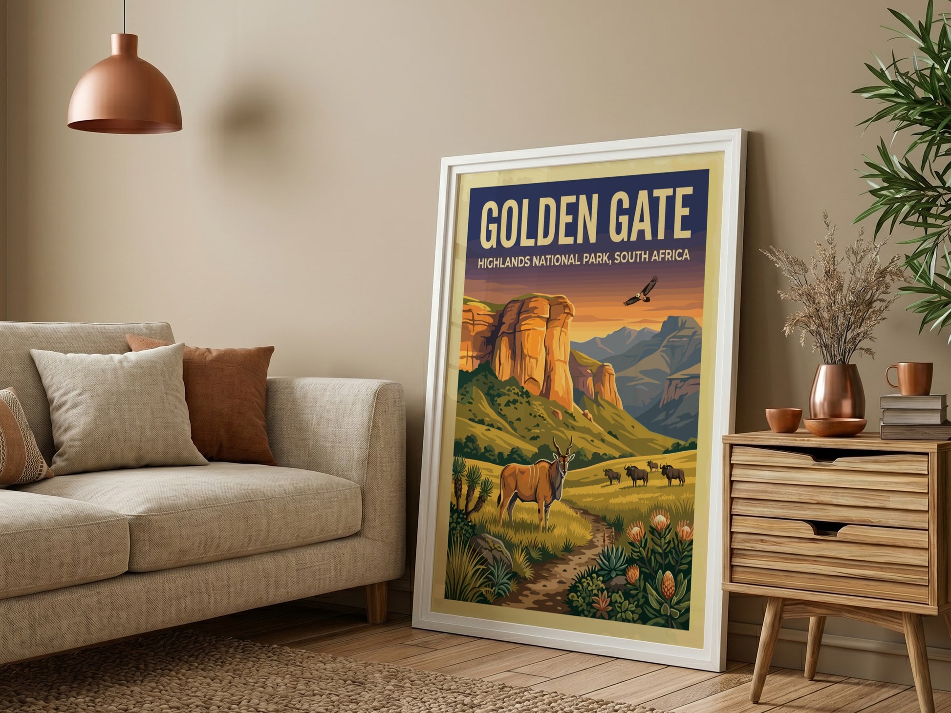 Golden Gate poster featuring vibrant landscape art with cliffs and wildlife in warm colors