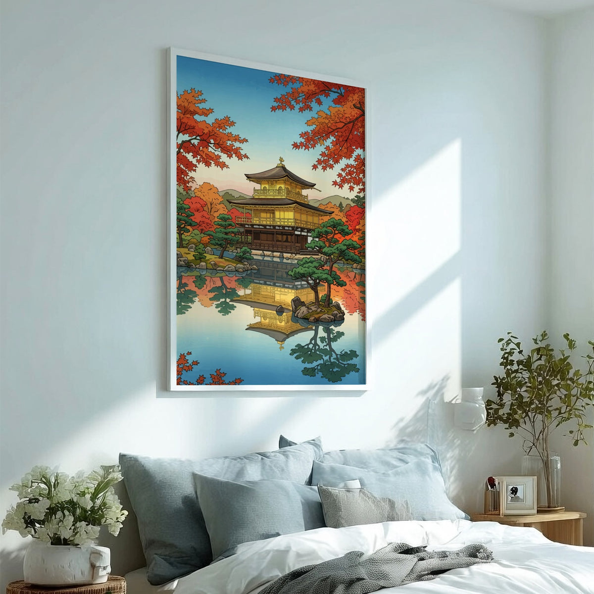 Poster of the Golden Pavilion in Kyoto surrounded by vibrant orange autumn maple trees