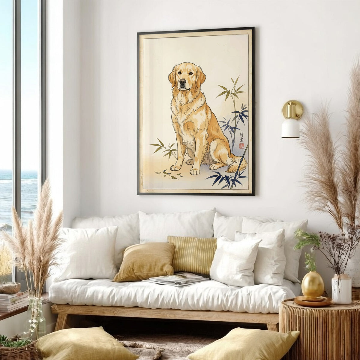 Poster of a golden retriever sitting calmly beside stylized bamboo in Japanese woodblock style
