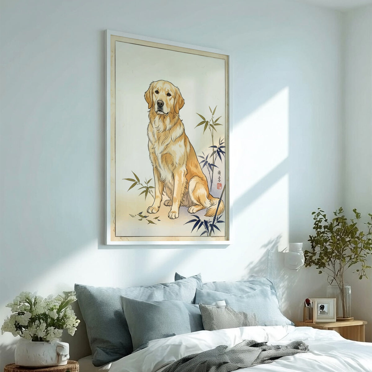 Poster of a golden retriever sitting calmly beside stylized bamboo in Japanese woodblock style