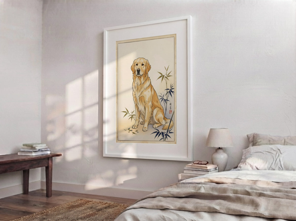 Poster of a golden retriever sitting calmly beside stylized bamboo in Japanese woodblock style