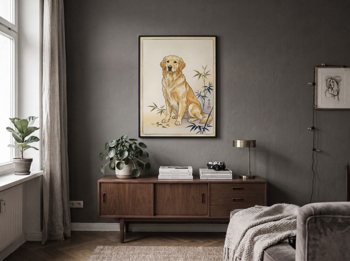 Poster of a golden retriever sitting calmly beside stylized bamboo in Japanese woodblock style