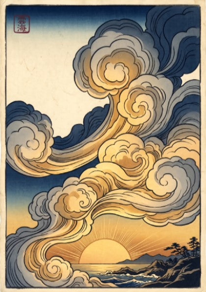 Golden Sunset Clouds poster featuring warm colors and swirling clouds in Japanese art style