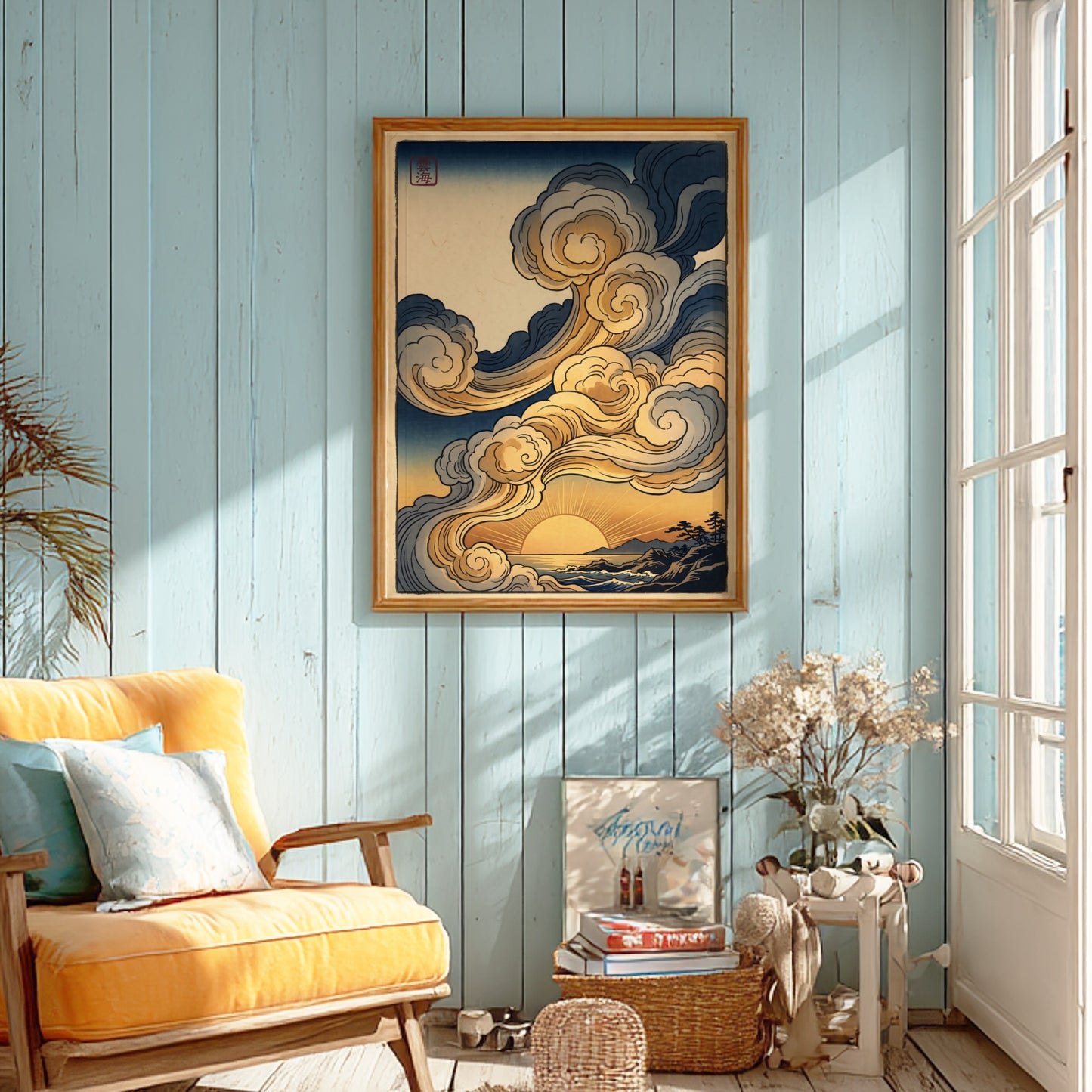 Golden Sunset Clouds poster featuring warm colors and swirling clouds in Japanese art style