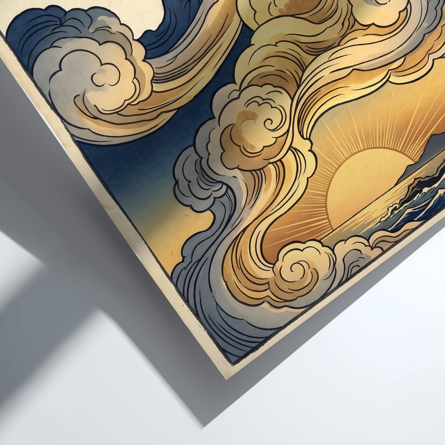 Golden Sunset Clouds poster featuring warm colors and swirling clouds in Japanese art style