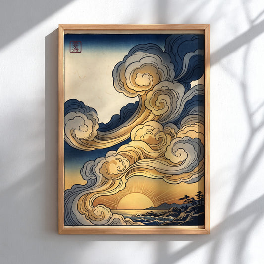 Golden Sunset Clouds poster featuring warm colors and swirling clouds in Japanese art style