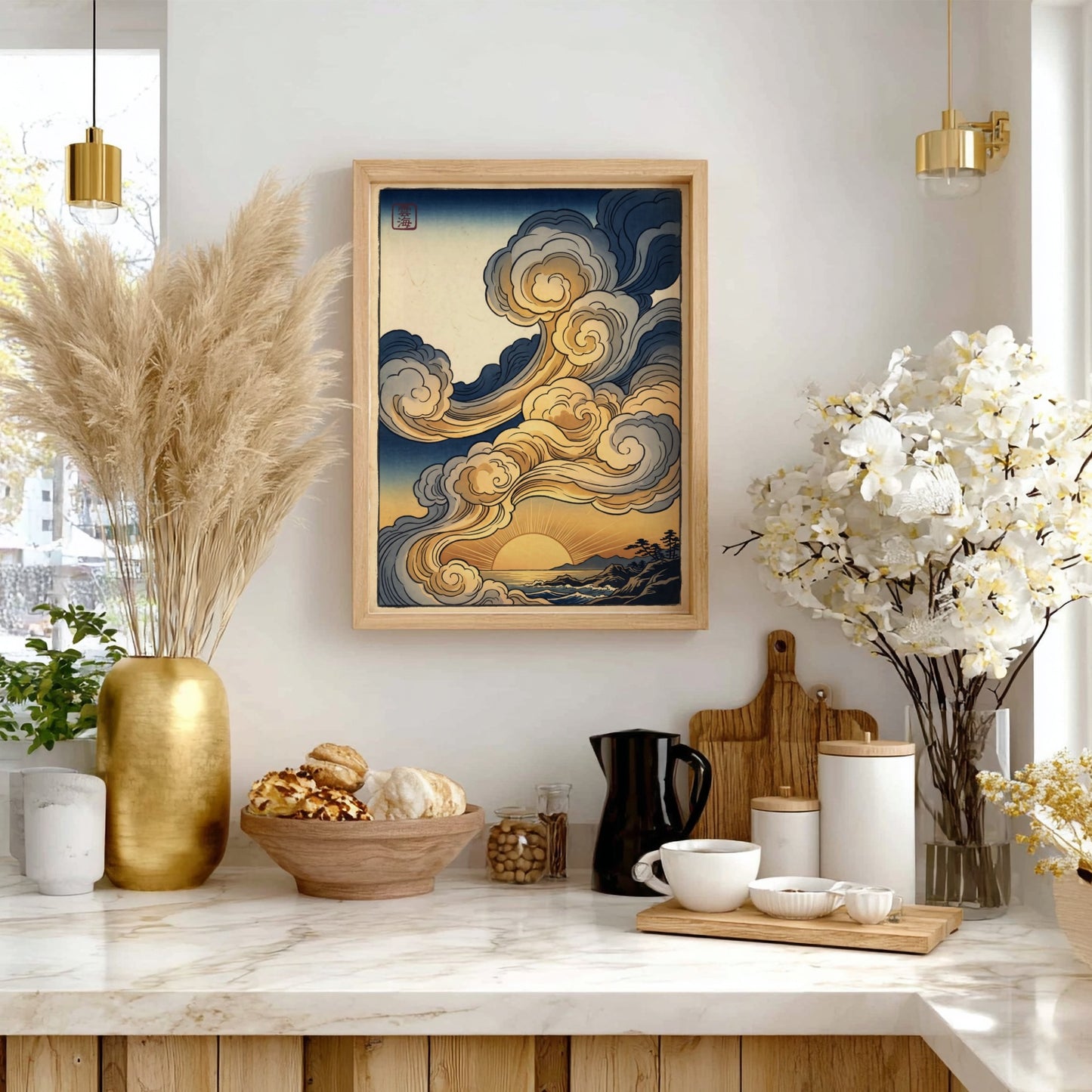 Golden Sunset Clouds poster featuring warm colors and swirling clouds in Japanese art style