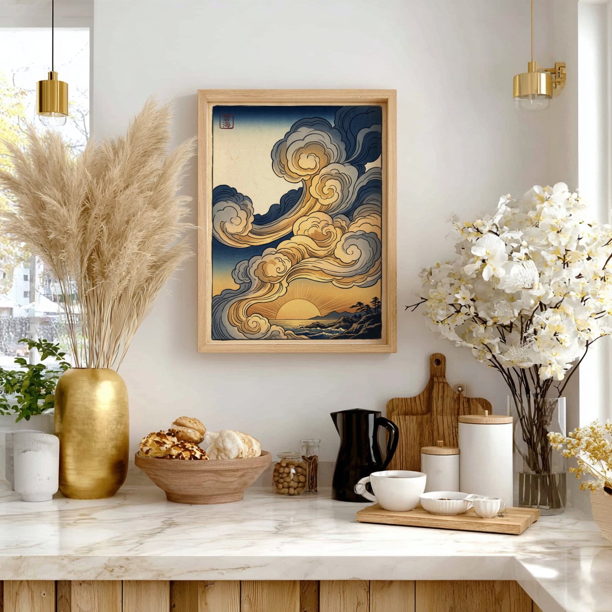 Golden Sunset Clouds poster featuring warm colors and swirling clouds in Japanese art style